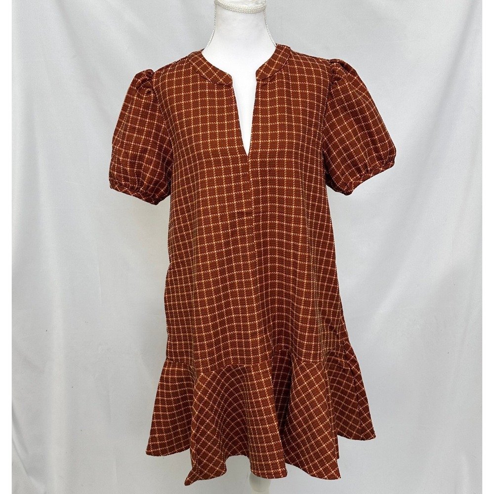 Glam Small Mini Dress Rust Plaid Puff Sleeve Ruffle Hem Babydoll Twee Mod Retro